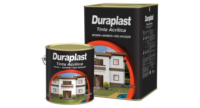 Duraplast Acrílico - Tinta à base de resina acrílica modificada, de fácil aplicação e ótima cobertura, indicada para áreas internas, pode ser aplicada sobre reboco, massa corrida ou acrílica, concreto, fibrocimento, gesso e repinturas.